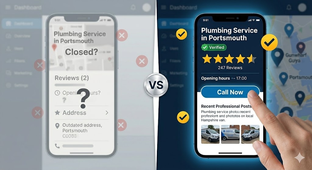 Comparison of an unmanaged vs optimised Google My Business profile for a local Hampshire service company
